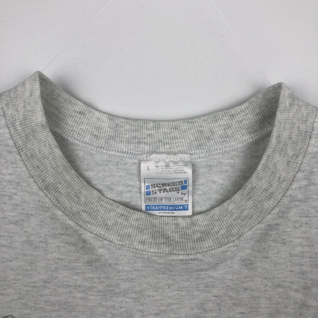 90'S Fruit of the Loom Screen Stars satirical art T-shirt, made in Ireland, men's size L equivalent, vintage. cotton gray type Vintage Second Hand