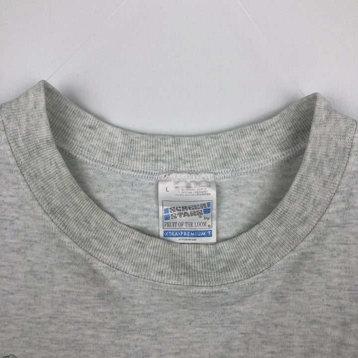 90'S Fruit of the Loom Screen Stars satirical art T-shirt, made in Ireland, men's size L equivalent, vintage. cotton gray type Vintage Second Hand