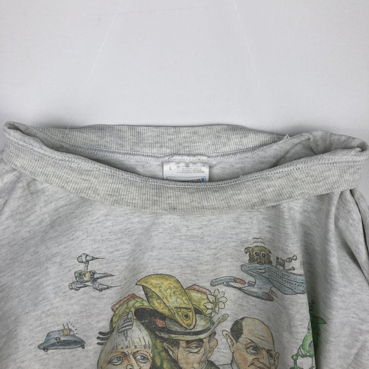 90'S Fruit of the Loom Screen Stars satirical art T-shirt, made in Ireland, men's size L equivalent, vintage. cotton gray type Vintage Second Hand