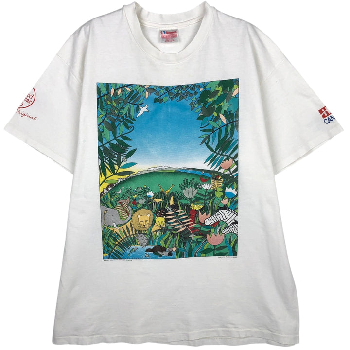 90'S Hanes Heavyweight Animal Pattern Art T-Shirt, Made in USA, Men's XL equivalent, Vintage cotton white type Vintage Second Hand