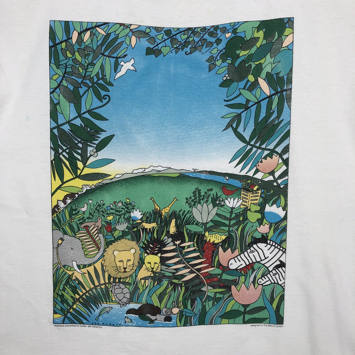 90'S Hanes Heavyweight Animal Pattern Art T-Shirt, Made in USA, Men's XL equivalent, Vintage cotton white type Vintage Second Hand