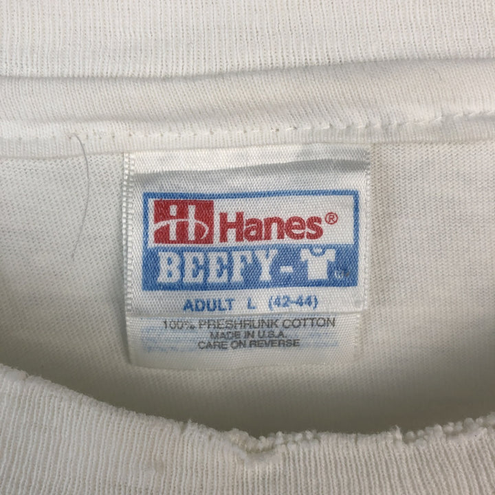 Vintage 80'S Hanes BEEFY-T Blue Tag Printed T-Shirt Made in USA Men's Size L cotton white type Vintage Second Hand