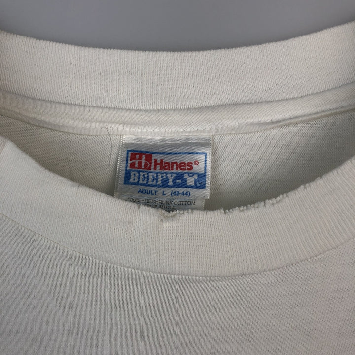 Vintage 80'S Hanes BEEFY-T Blue Tag Printed T-Shirt Made in USA Men's Size L cotton white type Vintage Second Hand