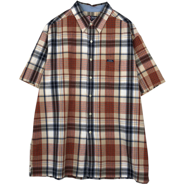 Ralph Lauren CHAPS Short-Sleeve Check Shirt, Boxy Shirt, Men's Size XL (approx.) cotton Beige type Vintage Second Hand