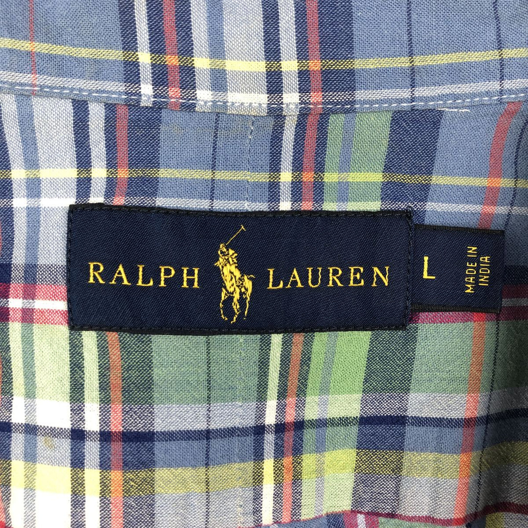 Ralph Lauren Madras Check Short Sleeve Button-Down Check Shirt, Men's Size L cotton blue type Vintage Second Hand
