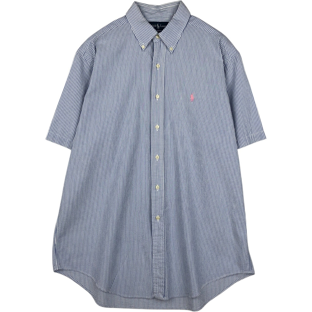 Ralph Lauren CLASSIC FIT Seersucker Short-Sleeve Button-Down Striped Shirt, Men's Size L (approx.) cotton blue type Vintage Second Hand