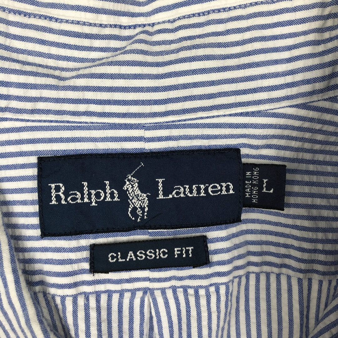 Ralph Lauren CLASSIC FIT Seersucker Short-Sleeve Button-Down Striped Shirt, Men's Size L (approx.) cotton blue type Vintage Second Hand