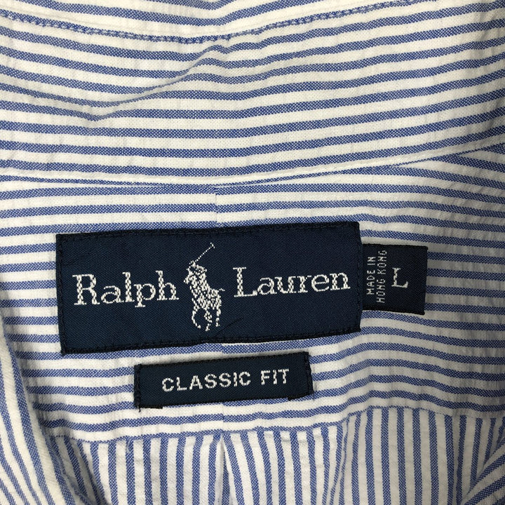 Ralph Lauren CLASSIC FIT Seersucker Short-Sleeve Button-Down Striped Shirt, Men's Size L (approx.) cotton blue type Vintage Second Hand