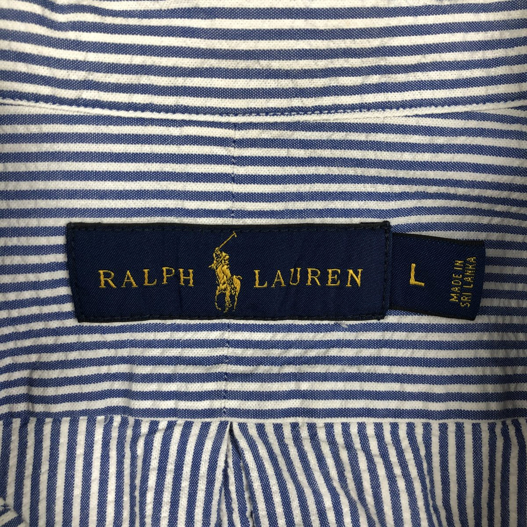 Ralph Lauren Seersucker Short Sleeve Button-Down Striped Shirt, Men's Size L cotton blue type Vintage Second Hand