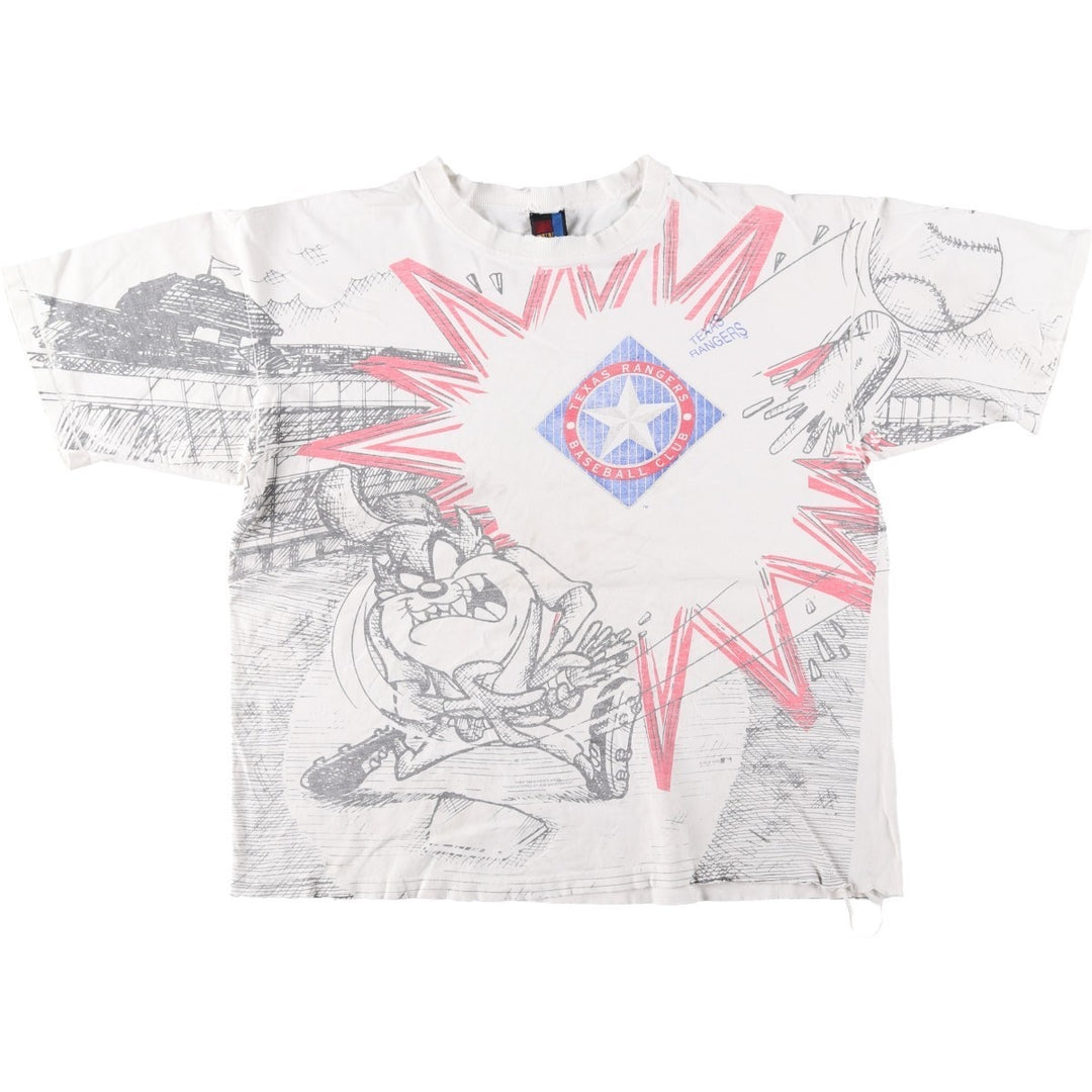 90'S SUN MLB Texas Rangers Looney Tunes All-Over Print Sports Print T-Shirt, Men's XL (approx.) unclear white type Vintage Second Hand