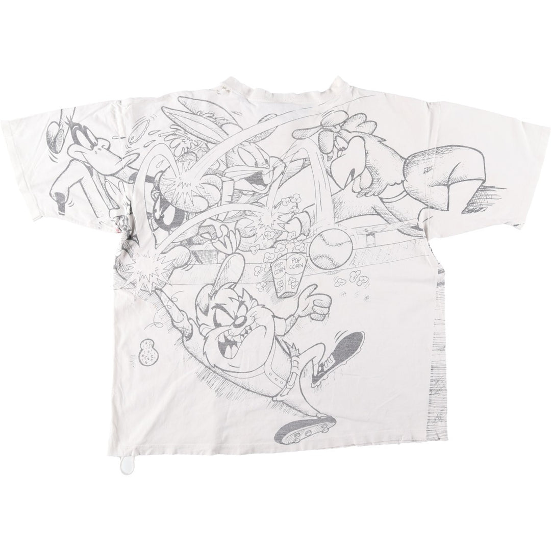 90'S SUN MLB Texas Rangers Looney Tunes All-Over Print Sports Print T-Shirt, Men's XL (approx.) unclear white type Vintage Second Hand
