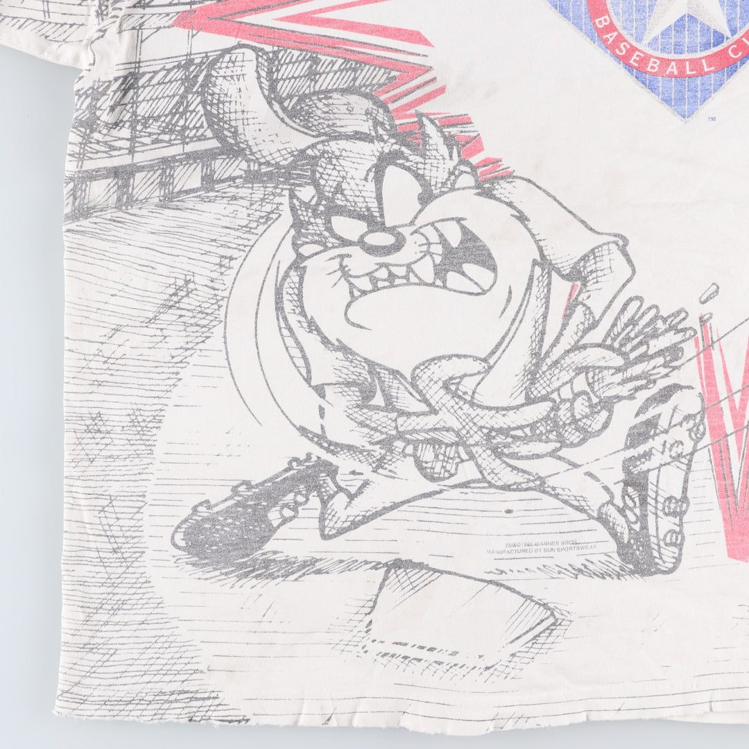 90'S SUN MLB Texas Rangers Looney Tunes All-Over Print Sports Print T-Shirt, Men's XL (approx.) unclear white type Vintage Second Hand
