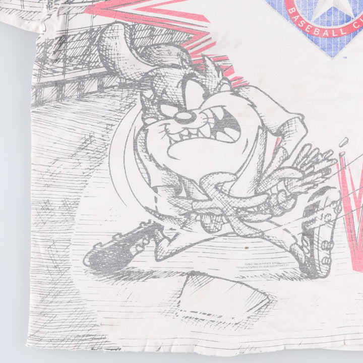 90'S SUN MLB Texas Rangers Looney Tunes All-Over Print Sports Print T-Shirt, Men's XL (approx.) unclear white type Vintage Second Hand