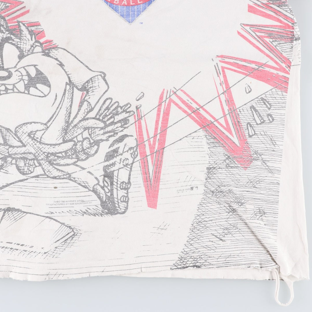90'S SUN MLB Texas Rangers Looney Tunes All-Over Print Sports Print T-Shirt, Men's XL (approx.) unclear white type Vintage Second Hand