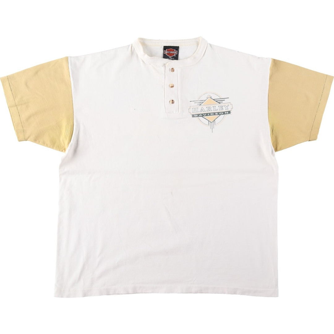 90'S Harley-Davidson Henley Neck Two-Tone Motorcycle T-Shirt, Made in USA, Men's Size XL (approx.) cotton pale white type Vintage Second Hand