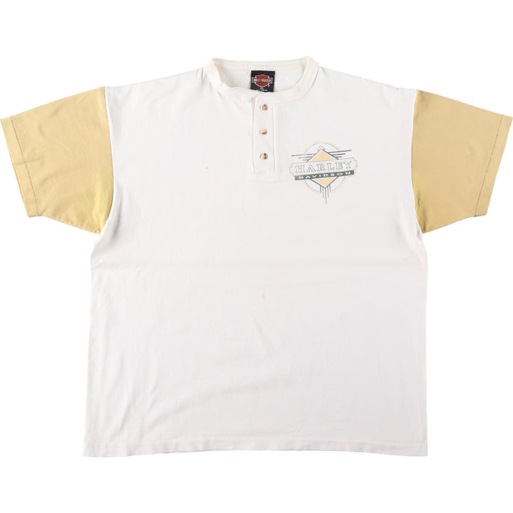 90'S Harley-Davidson Henley Neck Two-Tone Motorcycle T-Shirt, Made in USA, Men's Size XL (approx.) cotton pale white type Vintage Second Hand