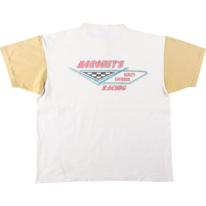 90'S Harley-Davidson Henley Neck Two-Tone Motorcycle T-Shirt, Made in USA, Men's Size XL (approx.) cotton pale white type Vintage Second Hand