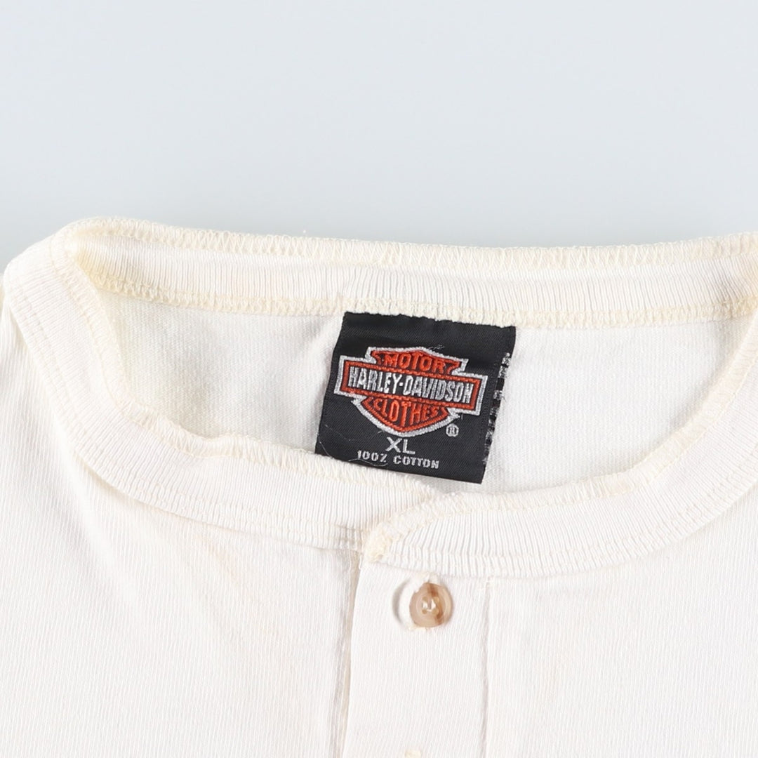 90'S Harley-Davidson Henley Neck Two-Tone Motorcycle T-Shirt, Made in USA, Men's Size XL (approx.) cotton pale white type Vintage Second Hand