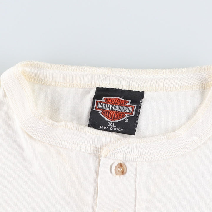 90'S Harley-Davidson Henley Neck Two-Tone Motorcycle T-Shirt, Made in USA, Men's Size XL (approx.) cotton pale white type Vintage Second Hand