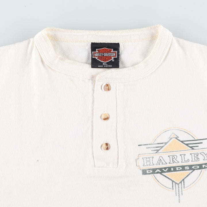90'S Harley-Davidson Henley Neck Two-Tone Motorcycle T-Shirt, Made in USA, Men's Size XL (approx.) cotton pale white type Vintage Second Hand