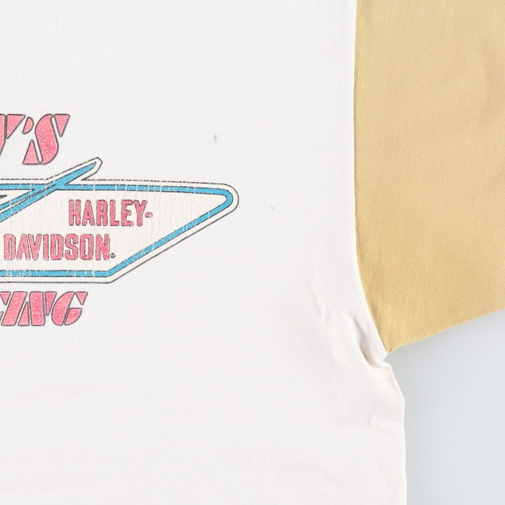 90'S Harley-Davidson Henley Neck Two-Tone Motorcycle T-Shirt, Made in USA, Men's Size XL (approx.) cotton pale white type Vintage Second Hand