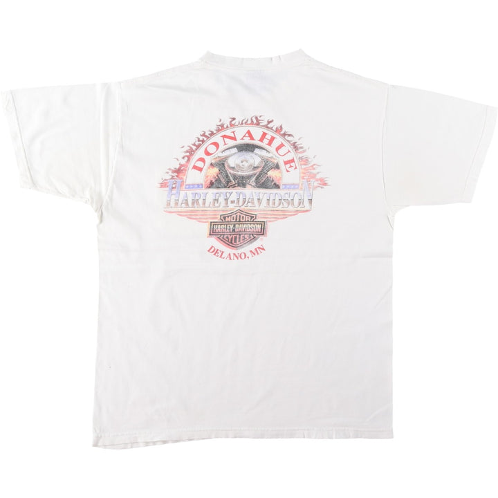 00'S Harley-Davidson Fire Pattern Motorcycle Bike T-Shirt Made in USA Men's L size cotton white type Vintage Second Hand