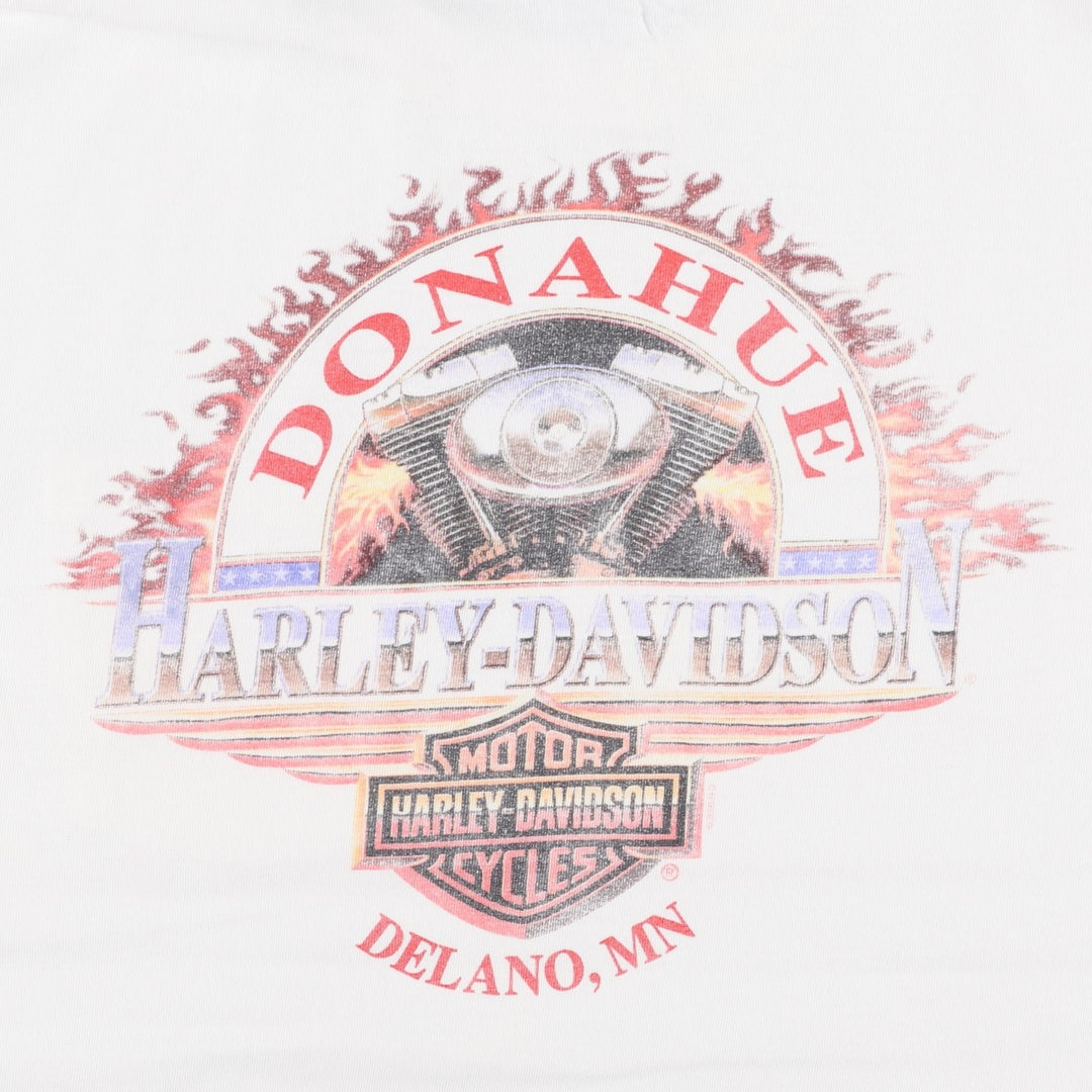 00'S Harley-Davidson Fire Pattern Motorcycle Bike T-Shirt Made in USA Men's L size cotton white type Vintage Second Hand