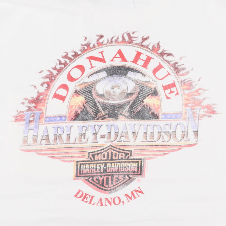 00'S Harley-Davidson Fire Pattern Motorcycle Bike T-Shirt Made in USA Men's L size cotton white type Vintage Second Hand