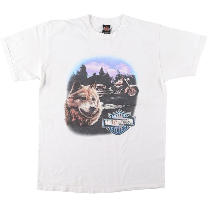 Harley-Davidson Wolf Pattern Motorcycle Bike T-shirt Made in USA Men's L size cotton white type Vintage Second Hand