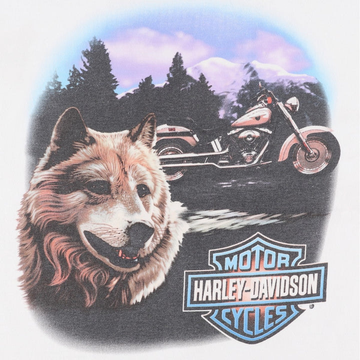 Harley-Davidson Wolf Pattern Motorcycle Bike T-shirt Made in USA Men's L size cotton white type Vintage Second Hand