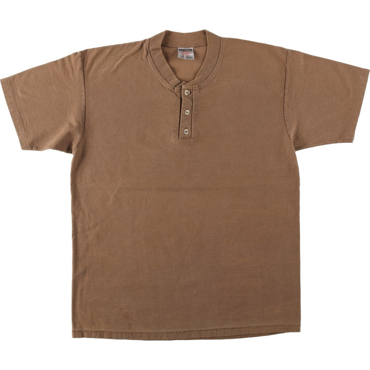 90'S ONEITA SUPER HEAVYWEIGHT Plain Henley Neck T-Shirt, Made in USA, Men's XL equivalent, Vintage cotton brown type Vintage Second Hand