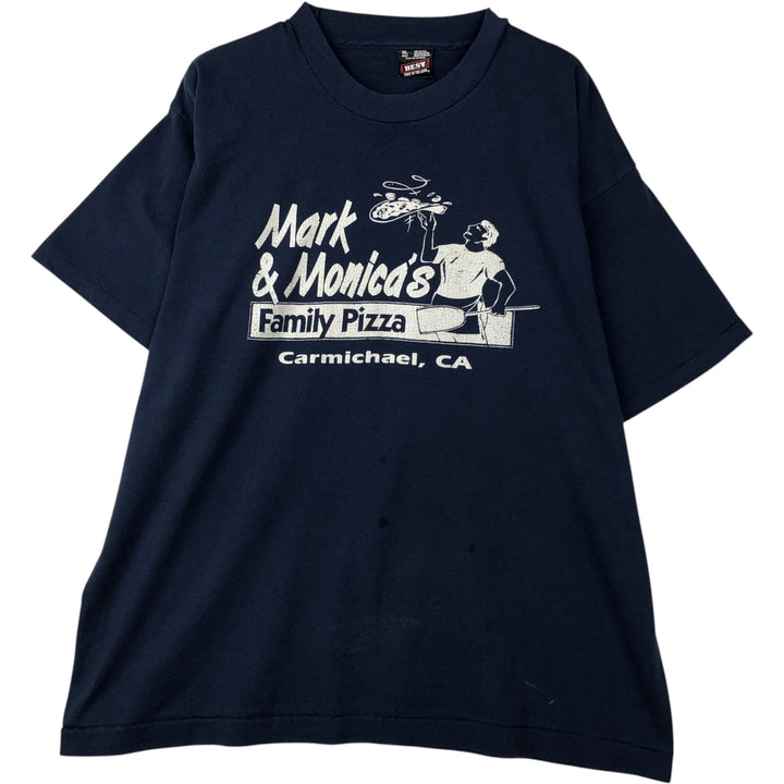 Fruit of the Loom Mark and Monica's Family Pizza Advertising T-Shirt, Men's XL (approx.), Vintage cotton navy blue type Vintage Second Hand