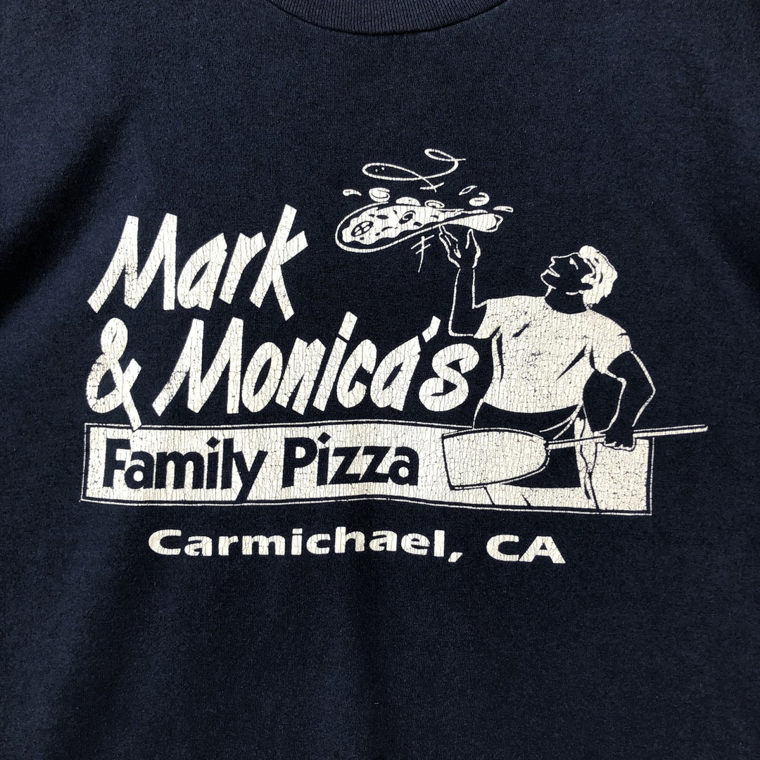 Fruit of the Loom Mark and Monica's Family Pizza Advertising T-Shirt, Men's XL (approx.), Vintage cotton navy blue type Vintage Second Hand