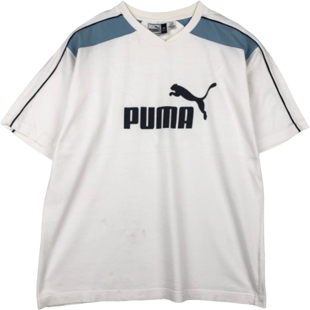 90s-00'S Puma V-neck logo print t-shirt, men's size XL equivalent, vintage. unclear white type Vintage Second Hand