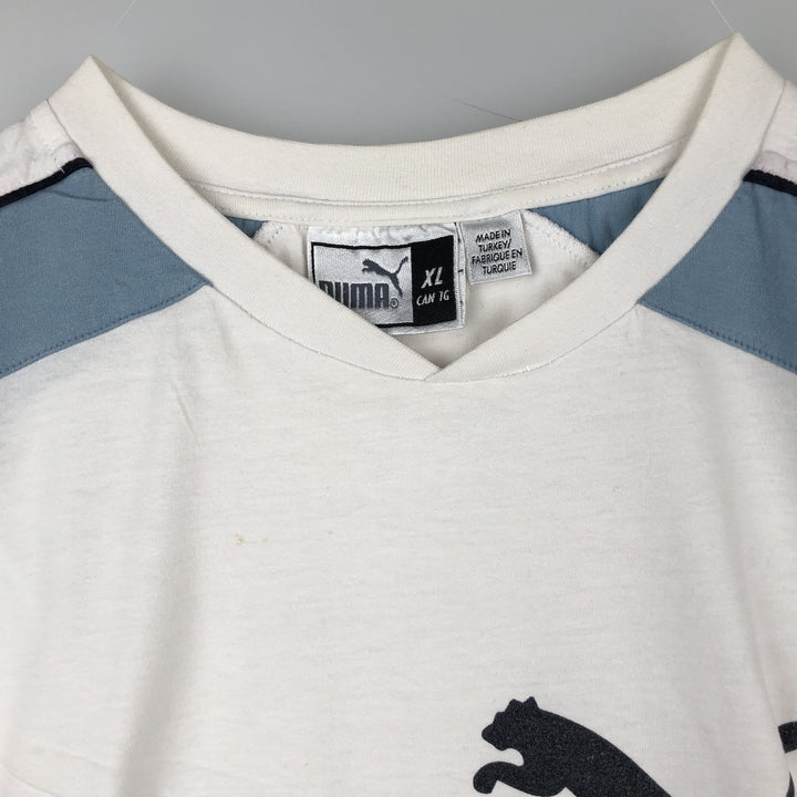 90s-00'S Puma V-neck logo print t-shirt, men's size XL equivalent, vintage. unclear white type Vintage Second Hand