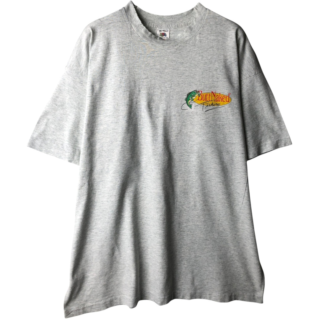 90'S Fruit of the Loom BUTT NAKED FISHING print T-shirt, Made in USA, Men's XL equivalent, Vintage cotton gray type Vintage Second Hand