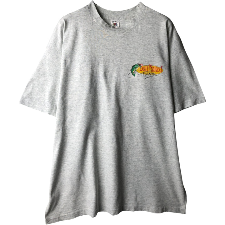 90'S Fruit of the Loom BUTT NAKED FISHING print T-shirt, Made in USA, Men's XL equivalent, Vintage cotton gray type Vintage Second Hand