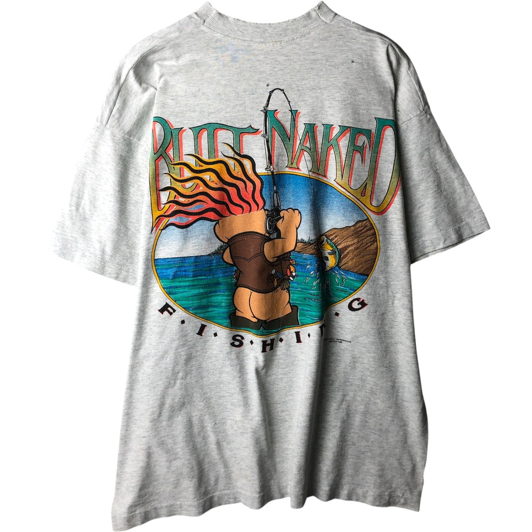 90'S Fruit of the Loom BUTT NAKED FISHING print T-shirt, Made in USA, Men's XL equivalent, Vintage cotton gray type Vintage Second Hand