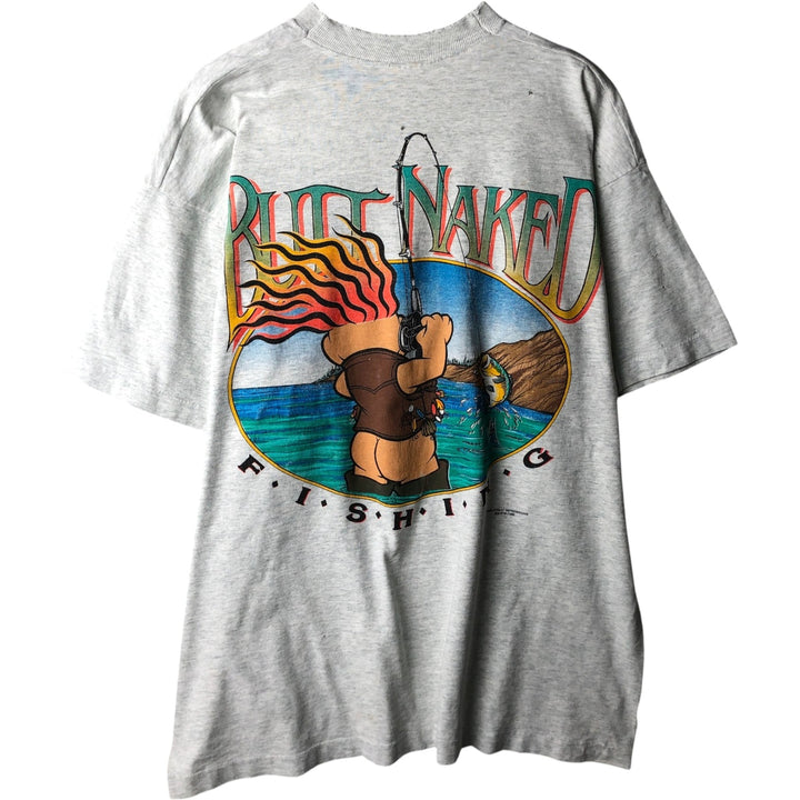 90'S Fruit of the Loom BUTT NAKED FISHING print T-shirt, Made in USA, Men's XL equivalent, Vintage cotton gray type Vintage Second Hand
