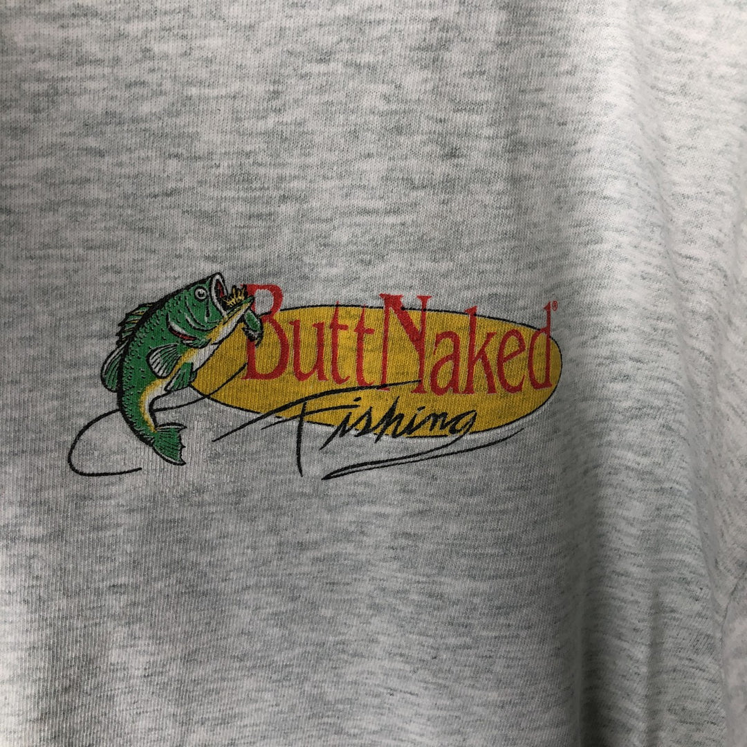 90'S Fruit of the Loom BUTT NAKED FISHING print T-shirt, Made in USA, Men's XL equivalent, Vintage cotton gray type Vintage Second Hand