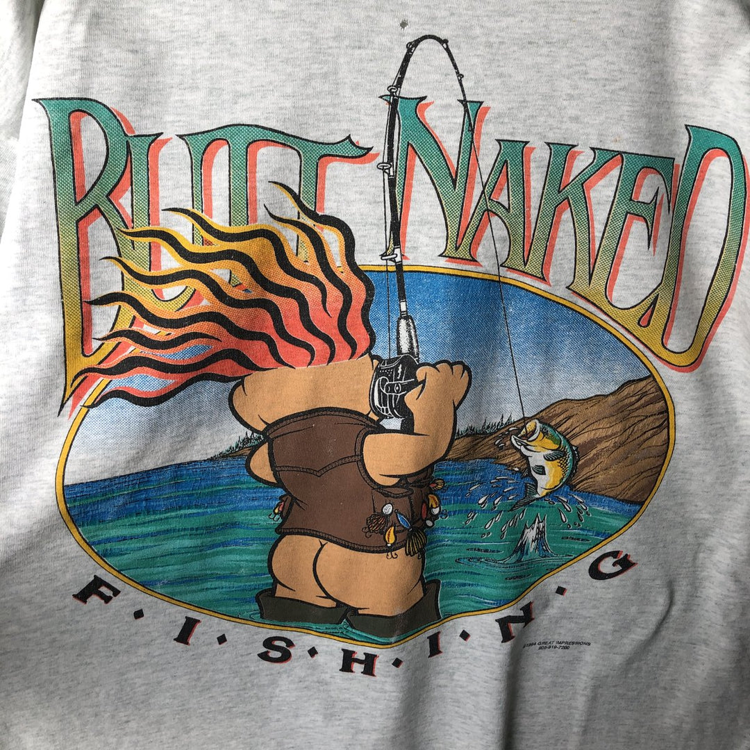 90'S Fruit of the Loom BUTT NAKED FISHING print T-shirt, Made in USA, Men's XL equivalent, Vintage cotton gray type Vintage Second Hand