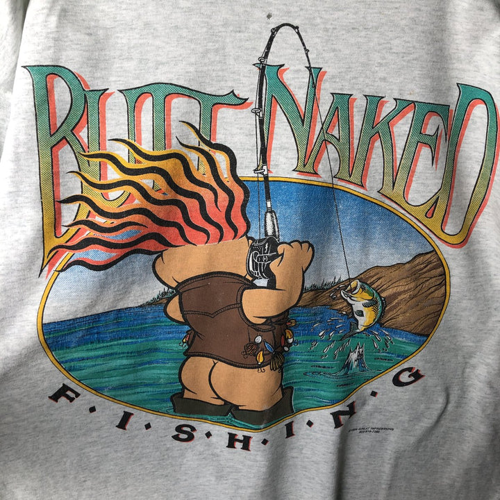 90'S Fruit of the Loom BUTT NAKED FISHING print T-shirt, Made in USA, Men's XL equivalent, Vintage cotton gray type Vintage Second Hand