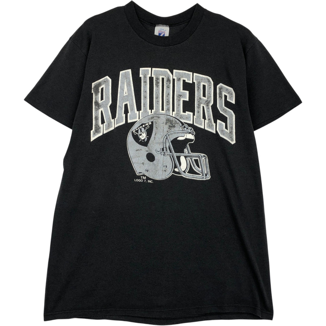 90'S LOGO7 NFL Los Angeles Raiders sports print T-shirt, Made in USA, Men's size L equivalent, Vintage polyester black type Vintage Second Hand