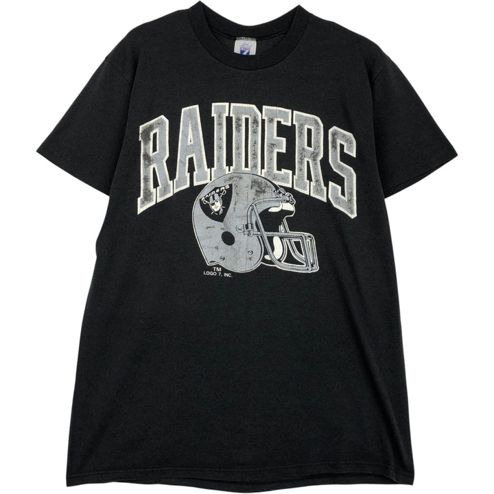 90'S LOGO7 NFL Los Angeles Raiders sports print T-shirt, Made in USA, Men's size L equivalent, Vintage polyester black type Vintage Second Hand