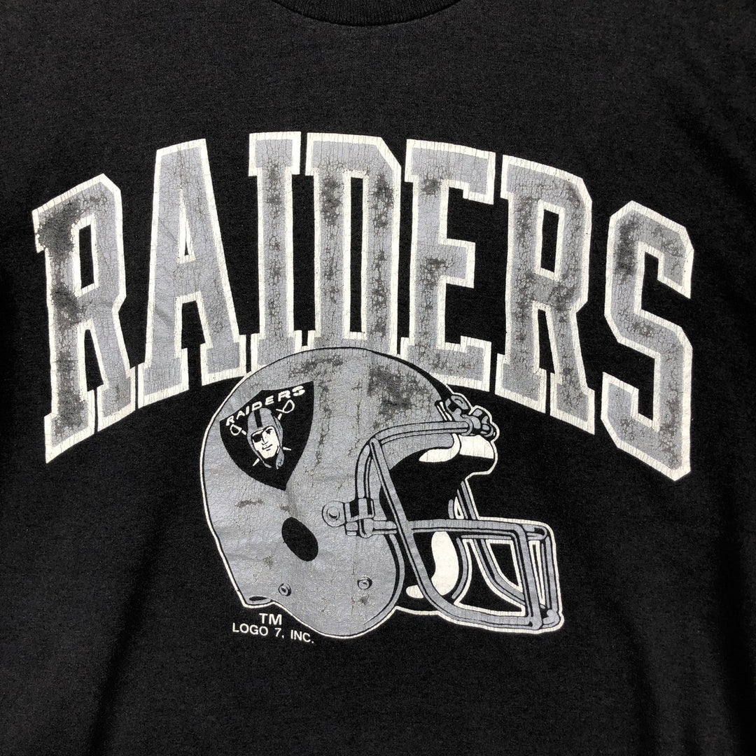 90'S LOGO7 NFL Los Angeles Raiders sports print T-shirt, Made in USA, Men's size L equivalent, Vintage polyester black type Vintage Second Hand