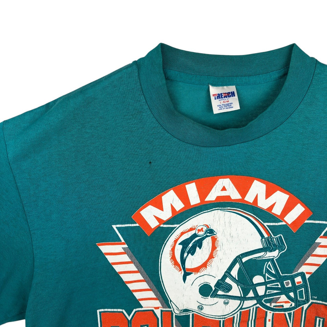 90'S TRENCH NFL MIAMI DOLPHINS Miami Dolphins Sports Print T-Shirt, Made in USA, Men's Size L (approx.), Vintage polyester Emerald green Vintage Second Hand