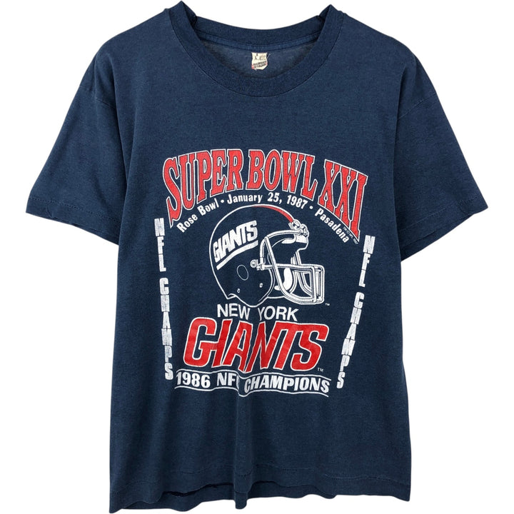 80'S Screen Stars 21st Super Bowl NFL New York Giants Sports Print T-Shirt (Men's Size L) cotton navy blue type Vintage Second Hand