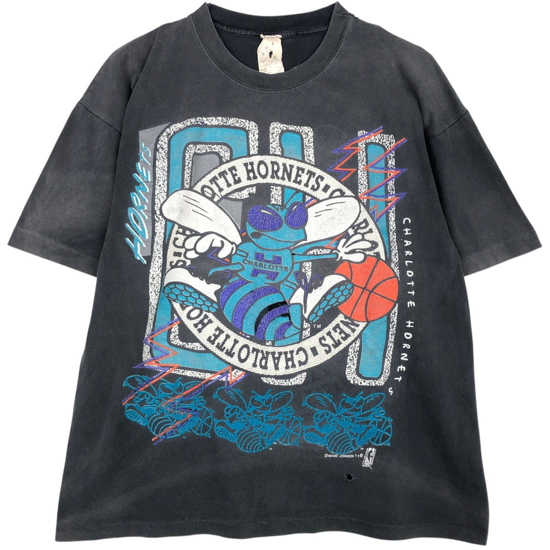 Vintage 90'S NBA Charlotte Hornets sports print t-shirt, men's size XL equivalent. unclear Charcoal Vintage Second Hand