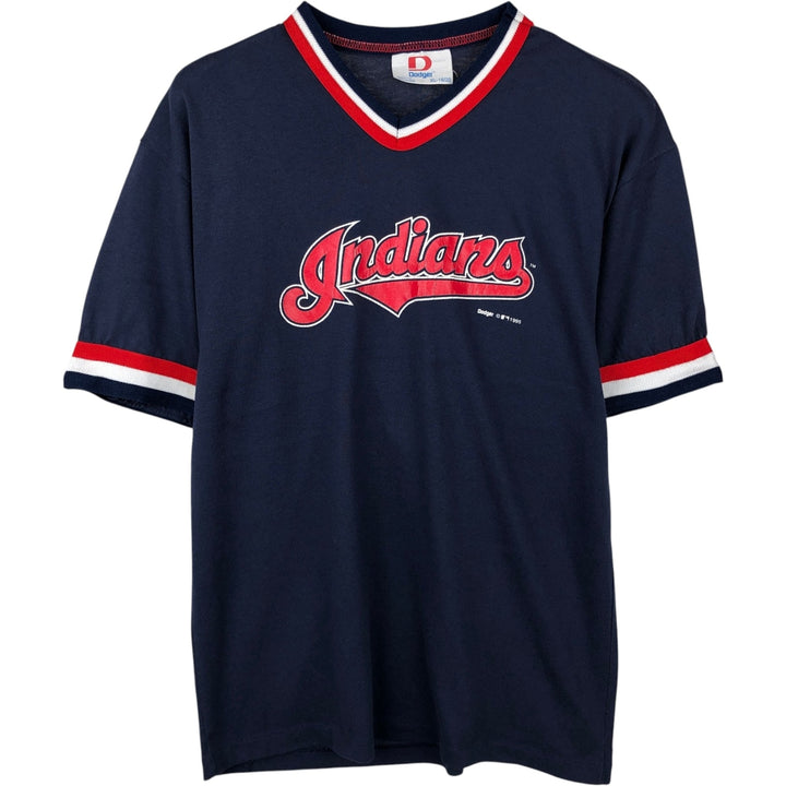 90'S Dodger MLB Cleveland Indians V-neck Logo Print T-shirt, Made in USA, Men's Size S (approx.), Vintage cotton navy blue type Vintage Second Hand