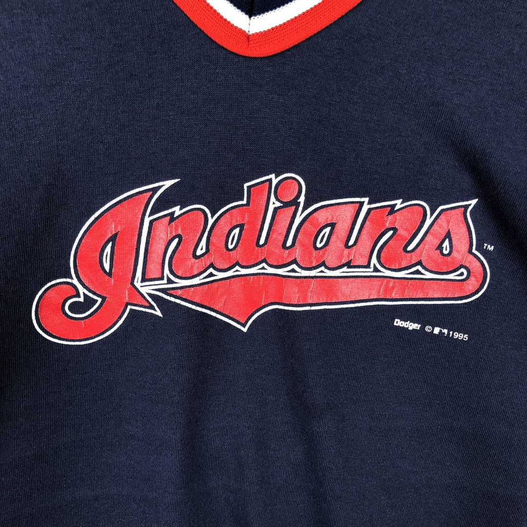 90'S Dodger MLB Cleveland Indians V-neck Logo Print T-shirt, Made in USA, Men's Size S (approx.), Vintage cotton navy blue type Vintage Second Hand